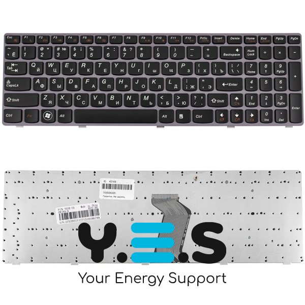 Клавіатура для ноутбука Lenovo Y570 — чорна, російська розкладка, фіолетова рамка