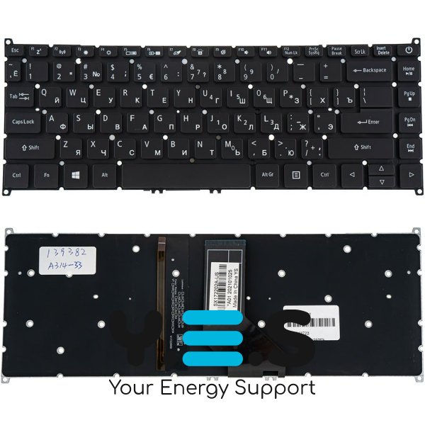 Клавіатура ACER Aspire A314-33 — чорна, російська розкладка, з підсвіткою, без рамки