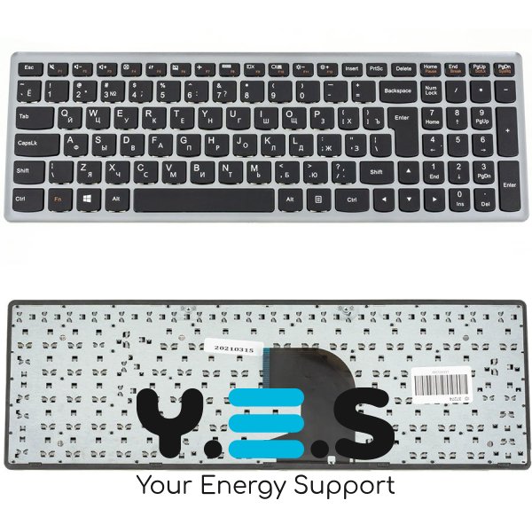 Клавіатура для ноутбука Lenovo IdeaPad P500, Z500 — чорна, російська розкладка, срібляста рамка