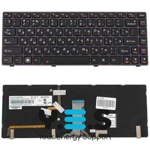 Клавіатура для ноутбука Lenovo Y480, Y485 — чорна, російська розкладка, з підсвіткою клавіш