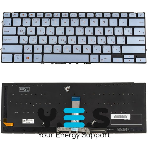 Клавіатура для ноутбука ASUS UX392 — срібляста, українська розкладка, без фрейма, з підсвіткою клавіш