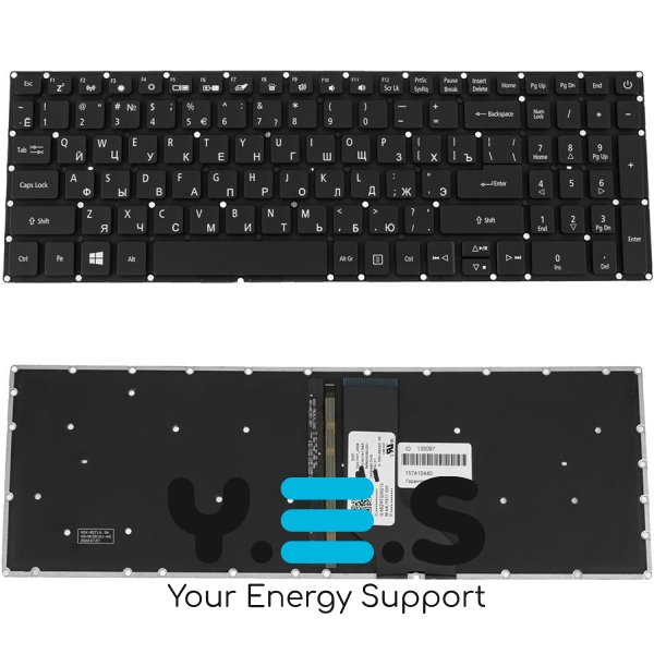 Клавіатура до ноутбуку ACER (AS: A315-53) російська розкладка, чорний колір, без фрейму, підсвітка клавіш (Оригінал)