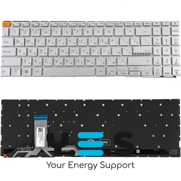 Клавіатура до ноутбуку ASUS (X1502 серій) російська розкладка, сріблястий колір, без фрейму, підсвітка клавіш (Red esc)