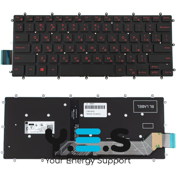 Клавіатура до ноутбуку DELL (Inspiron: 5378), російська розкладка, чорний колір, без фрейму, підсвітка клавіш (RED), Оригінал
