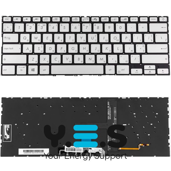 Клавіатура до ноутбуку ASUS (UX434 серій) українська розкладка, ice-сріблястий колір, без фрейму, підсвітка клавіш (Оригінал)