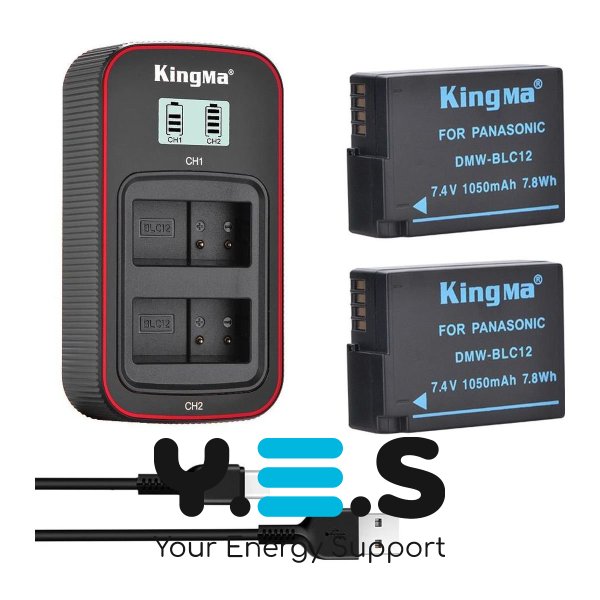 3-Pack KingMa DMW-BLC12 Комплект з 2 акумуляторів KingMa Panasonic DMW-BLC12 та зарядного пристрою на дві батареї з РК-дисплеєм