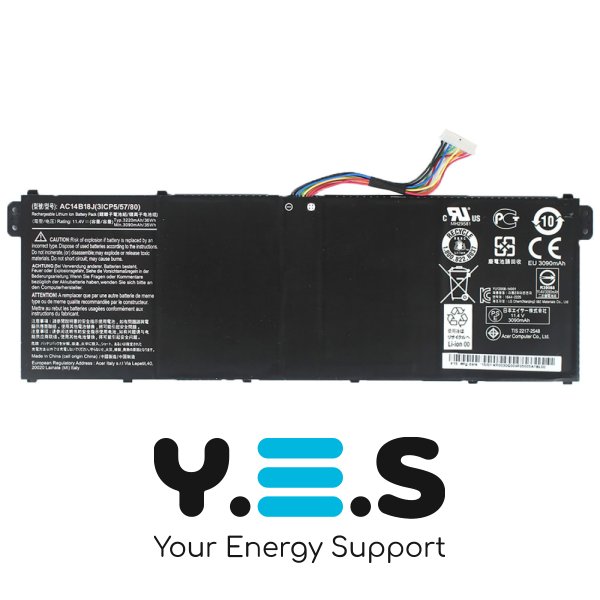Акумуляторна батарея для ноутбука Acer AC14B18J, сумісна з Aspire ES1-511, ES1-512, ES1-523, ES1-524, ES1-533, 11.4V, 3220mAh, Black