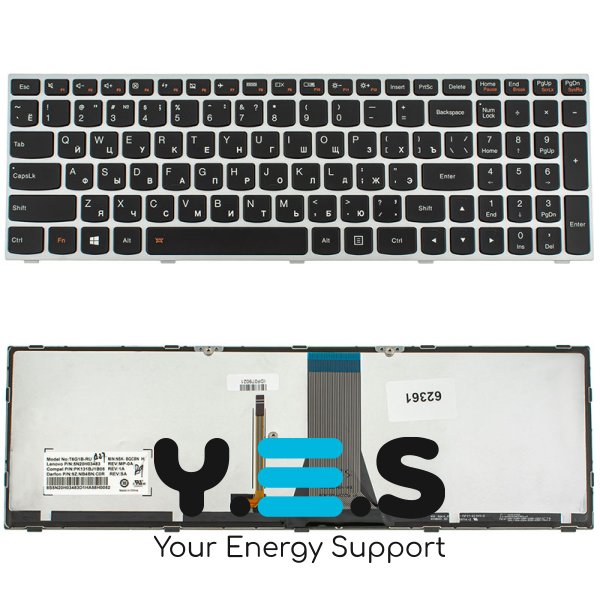 Клавіатура для ноутбука Lenovo G50-30, G50-45, G50-70, Z50-70, Z50-75, Flex 2-15 — чорна, срібляста рамка, підсвітка клавіш, розкладка RU