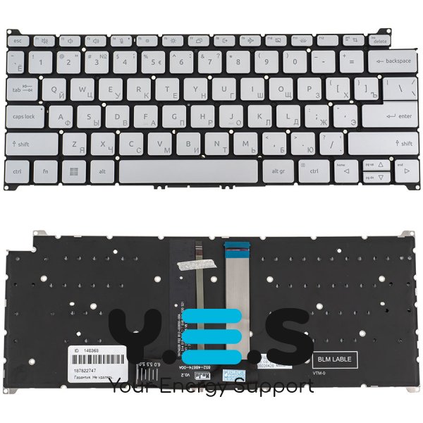 Клавіатура для ноутбука ACER SF314-44, SF314-71 — срібляста, без рамки, з підсвіткою клавіш, RU-розкладка