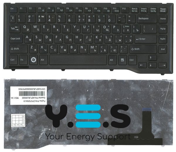 Клавіатура для ноутбука Fujitsu LifeBook LH532 / LH522 — чорна, з чорною рамкою, RU‑розкладка