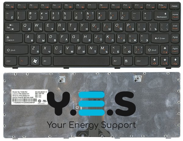 Клавіатура для ноутбука Lenovo IdeaPad Z380 — чорна, з чорною рамкою, розкладка RU