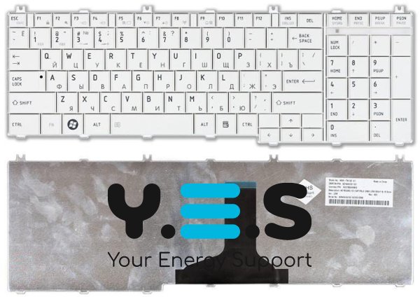 Клавіатура для ноутбуків Toshiba Satellite C650, C650D, C655, C655D, C660, C660D, C670, C670D, L650, L650D, L655, L655D, L660, L660D, L665, L665D, L670, L670D, L675, L675D, L750, L750D, L755, L755D, L770, L770D, L775, L775D — біла, розкладка RU