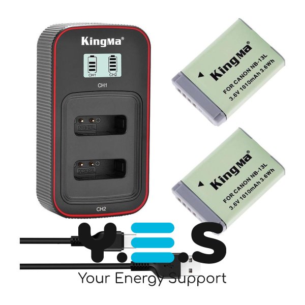 Набір KingMa NB-13L: 2 акум + зарядка на 2, для Canon G5X/G7X/G9X/SX720HS, IXUS 285HS/190/180/175/170/165/160/155/150/145/140/135/132/130/125/120/117/115/110/105/100, PowerShot ELPH 360HS/190/180/175/170/165/160/155/150/145/140/135/130/125/120/110/100/530