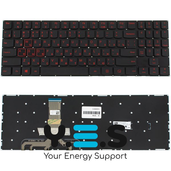 Клавіатура для ноутбука Lenovo Legion Y520-15 — чорна, RU-розкладка, без рамки, червоне підсвічування (RED) Original