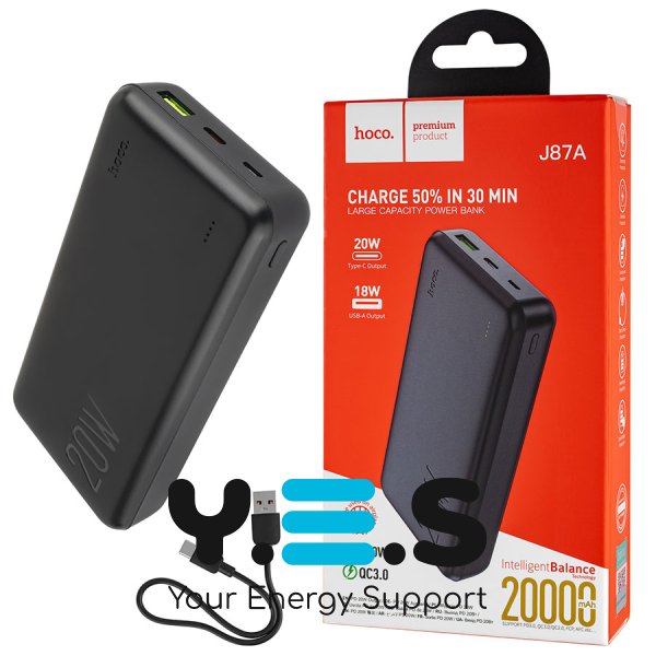 Мобільна батарея HOCO J87A Tacker 20000mAh, чорна (6931474761033)