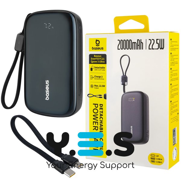 Павербанк Baseus EnerFill FC21 Qpow 3 Ultra 20000мА·год 22.5W, дисплей, знімний кабель, Cosmic Black (E0027M00)