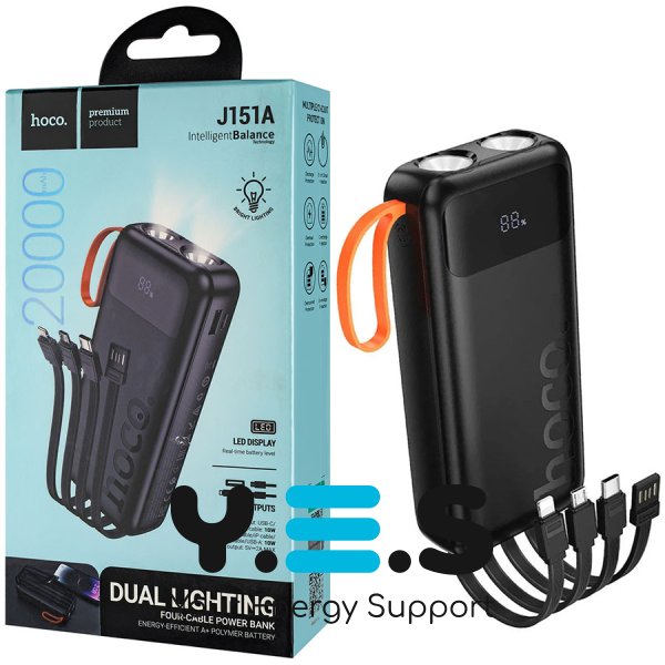 Мобільна батарея HOCO J151A Spirit 20000mAh з ліхтариком, чорна (6942007653374)