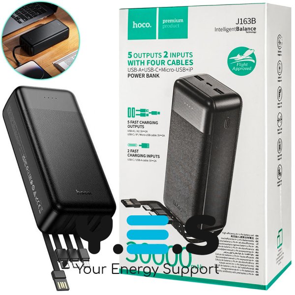 Павербанк HOCO J163B Wonderful 30000 мА·год, 4 вбудовані кабелі, чорний