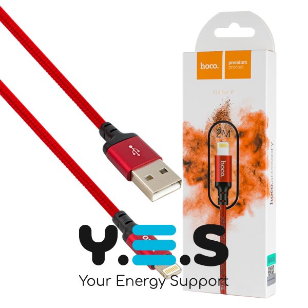 Кабель HOCO X14 USB–iP 2A 2м, нейлон, алюмінієві конектори, чорно-червоний