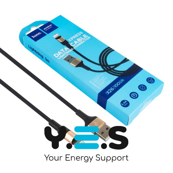 Кабель HOCO X26 USB–iP, 2A, 1 м, нейлон, алюмінієві конектори, чорний/золото