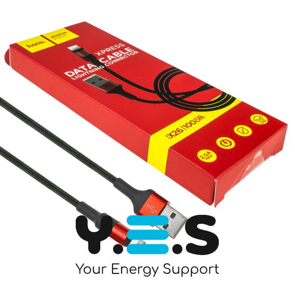 Кабель HOCO X26 USB‑iP 2A 1 м, нейлон, алюмінієві конектори, чорний/червоний