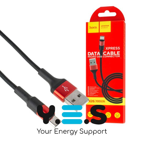 Кабель HOCO X26 XPress USB–MicroUSB 2A 1 м, нейлон, алюм. конектори, Black/Red