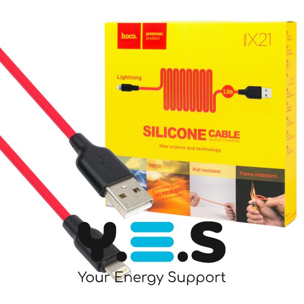 Кабель HOCO X21 Plus USB–iP 2.4A 1 м, силіконовий, силікон. конектори, Black/Red