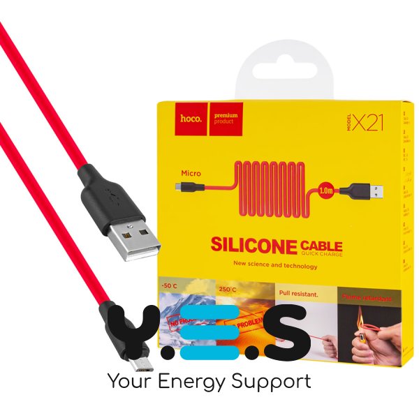 Кабель HOCO X21 USB–MicroUSB 2A 1 м, силіконовий, конектори TPE, чорно‑червоний