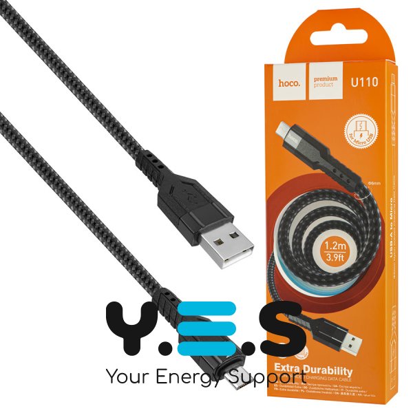 Кабель HOCO U110 USB–MicroUSB 2.4A 1.2м нейлон, алюм. конектори, чорний
