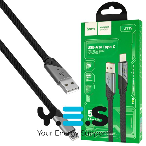 Кабель HOCO U119 USB–Type‑C 5A 1.2 м, нейлон, алюм. конектори, чорний (6942007605007)