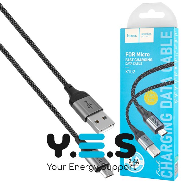 Кабель HOCO X102 USB–MicroUSB 2.4A 1 м, нейлон, алюмінієві конектори, чорний