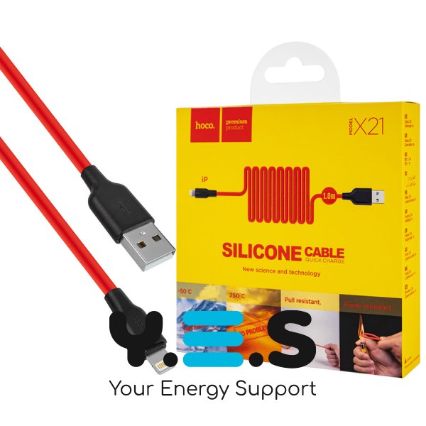 Кабель HOCO X21 USB–iP 2A 1 м, силікон, конектори TPE, чорний/червоний