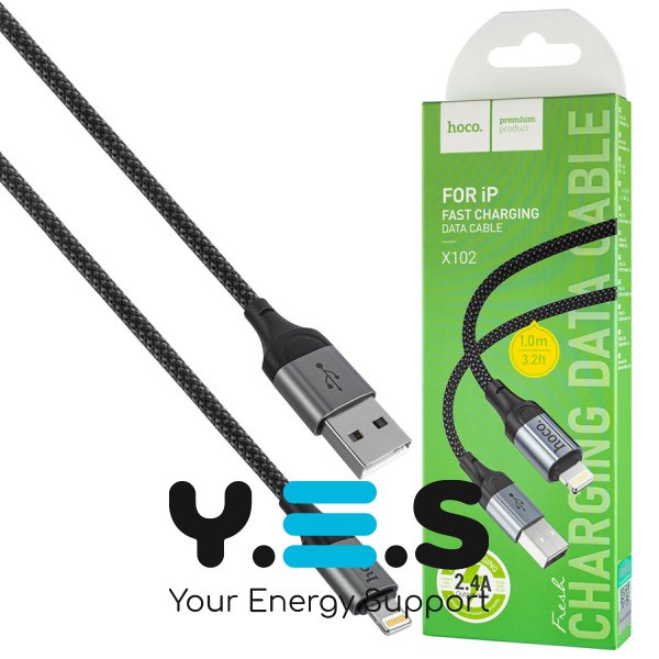 Кабель HOCO X102 USB–iP 2.4A 1 м, нейлон, алюмінієві конектори, чорний