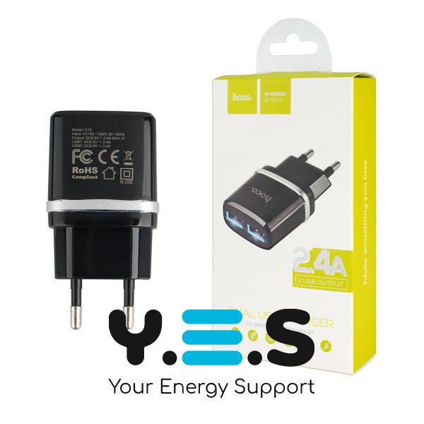 Зарядний пристрій HOCO C12 Smart 2xUSB (2U) 12W, чорний (6957531063094)