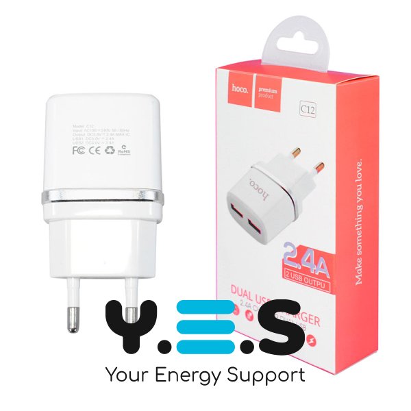 Мережевий зарядний пристрій HOCO C12 Smart 2×USB 12W, білий (6957531047759)