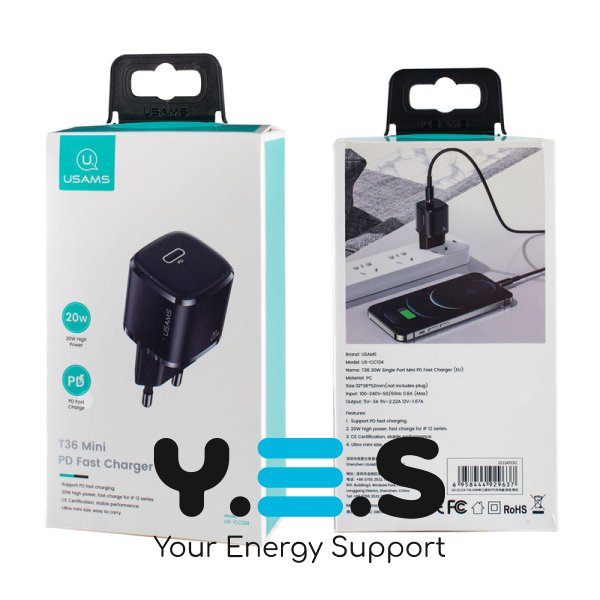 ЗП Usams US-CC124 T36 20W Super Si, PD Fast Charger (EU), чорне