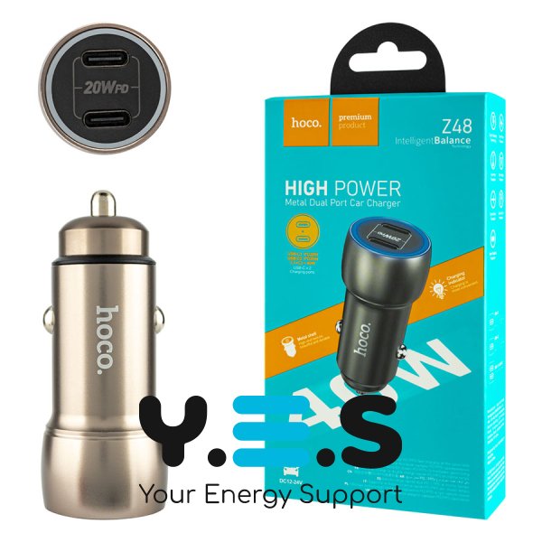 Автомобільний зарядний HOCO Z48 Tough 40W, 2×USB-C (dual port), Metal Gray