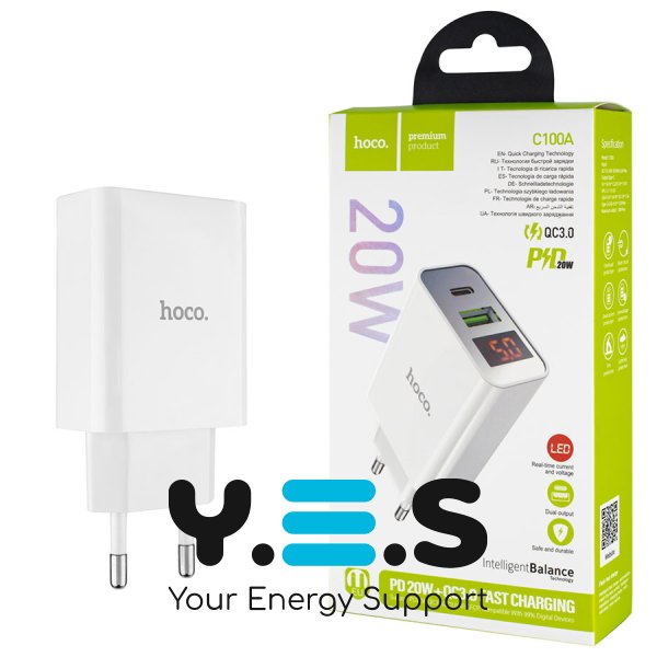 Зарядний пристрій HOCO C100A PD 20W + QC3.0 з цифровим дисплеєм, білий (6931474769800)