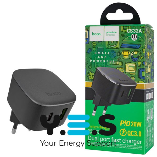 Зарядний пристрій HOCO CS32A Rise Black, PD 20W + QC 3.0 (6942007617451)