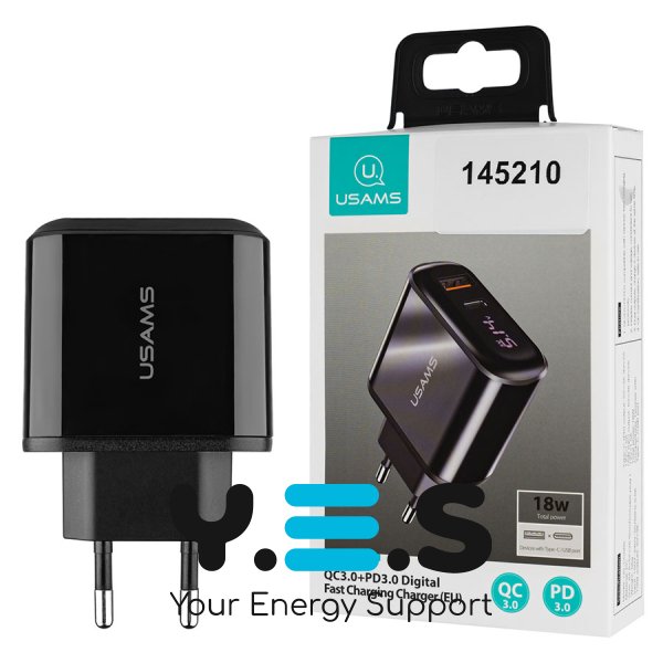 Зарядний пристрій Usams US-CC085 T23 18W QC3.0+PD3.0 з цифровим дисплеєм, чорний (CC85TC01)