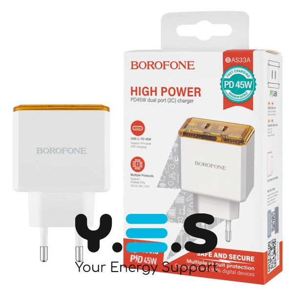 Зарядний пристрій BOROFONE BAS33A 2×USB-C PD/QC 45W, білий (6941991110719)