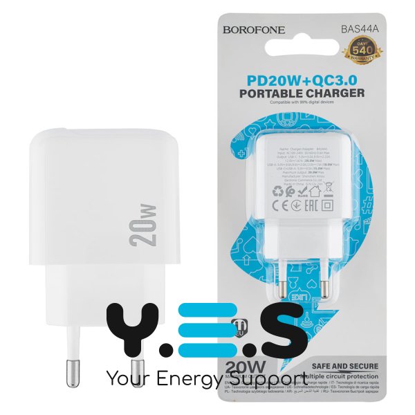 Мережевий зарядний пристрій BOROFONE BAS44A 20W PD/QC, USB-C+USB, білий (6941991113840)