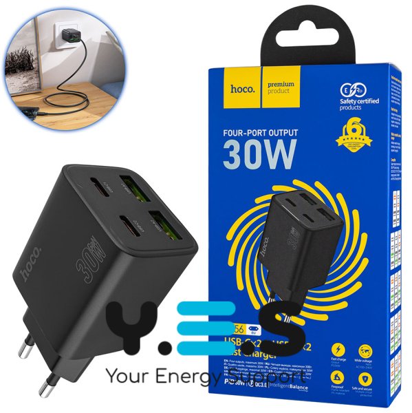 Зарядний пристрій HOCO N56 Fundador 2C+2U PD 30W, чорний (6942007632492)