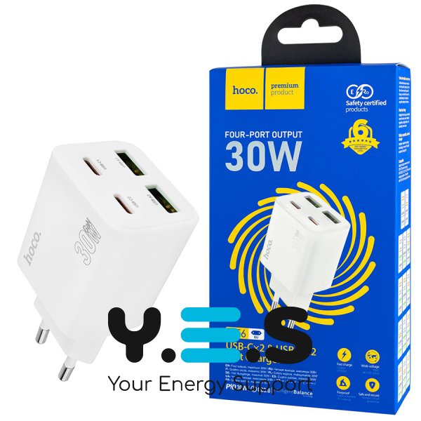 Зарядний пристрій HOCO N56 Fundador 2×USB‑C+2×USB PD 30W, білий (6942007632508)
