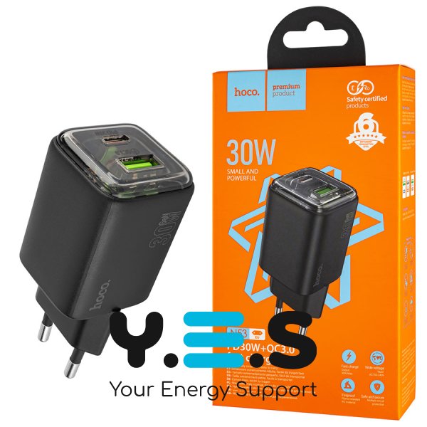 Мережевий зарядний пристрій HOCO N53 Monsoon PD 30W + QC3.0, чорний (6942007630429)