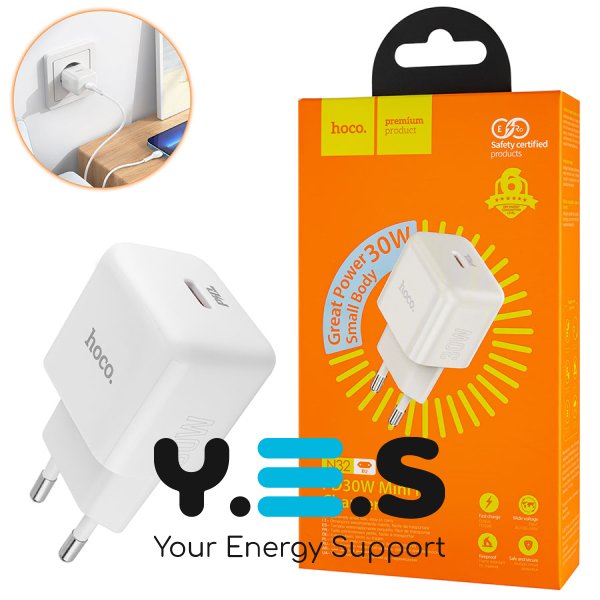 Зарядний пристрій HOCO N32 Glory PD 30W, білий (6931474789914)