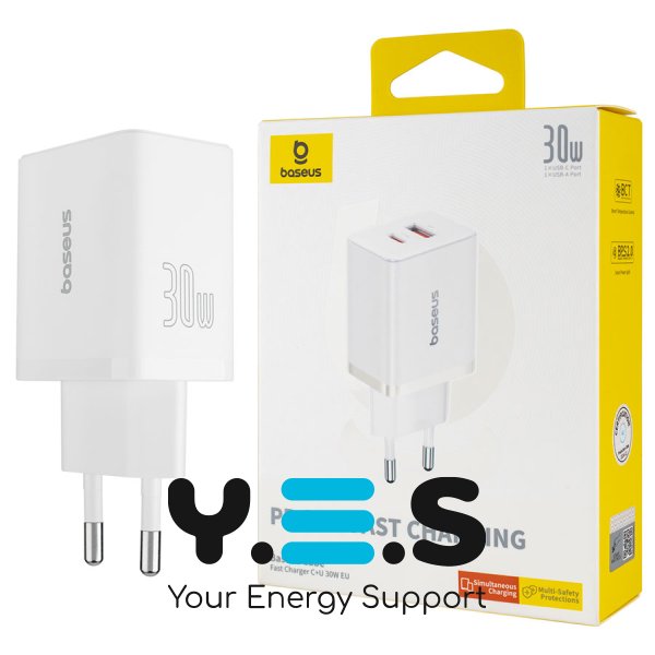 Baseus Cube Fast Charger 30W, USB-C+USB-A, EU, Moon White (P10111404213-00)