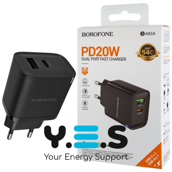 Зарядний пристрій BOROFONE BA83A Flare Star PD 20W + QC3.0, чорний