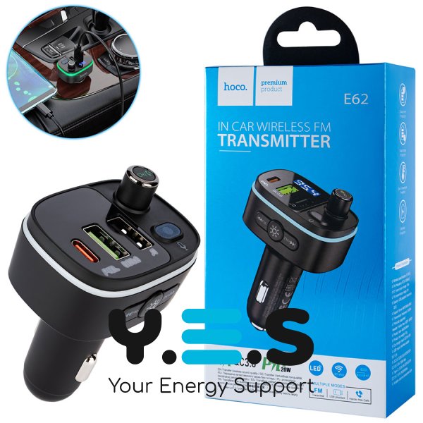 Автомобільний зарядний FM-модулятор HOCO E62 Fast PD20W+QC3.0, Bluetooth, чорний
