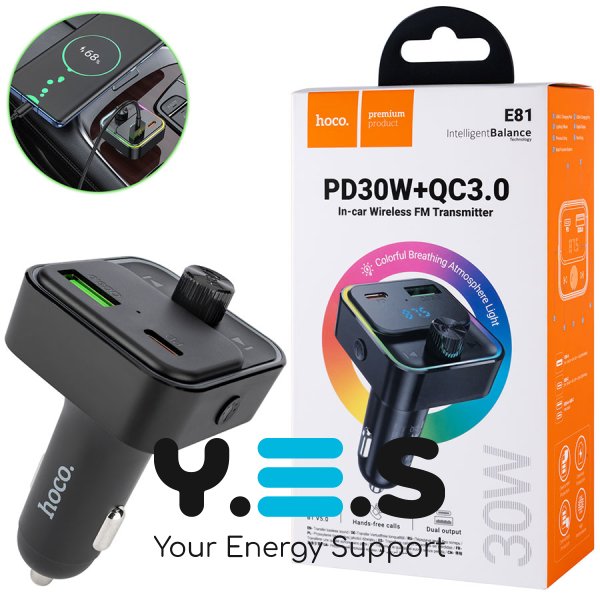 Автозарядка HOCO E81 Fantasy з FM-модулятором, PD 30W + QC3.0, BT, чорна